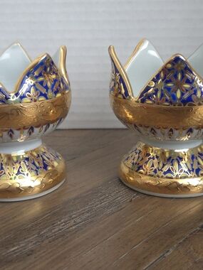 ​Vintage Pair Benjarong Thai Hand Painted Porcelain Lotus Candle Holders